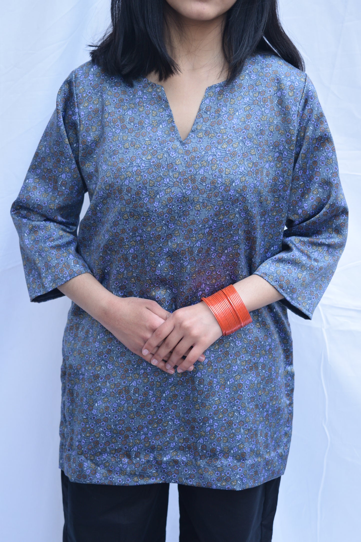 Printed Modal Silk Short Kurti - Blue