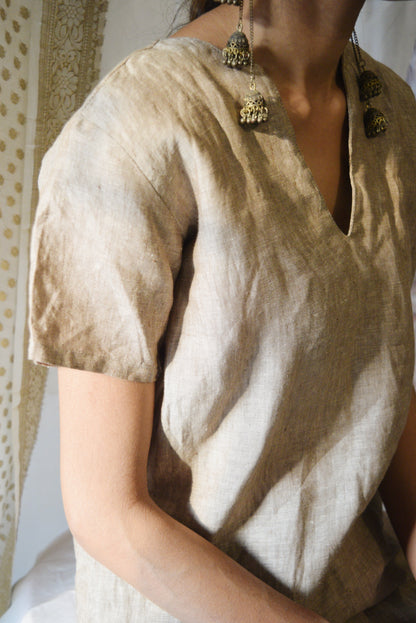 Linen Short Kurti Brown