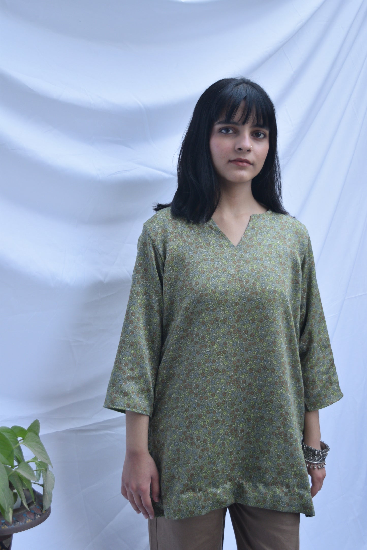 Printed Modal Silk Short Kurti - Green