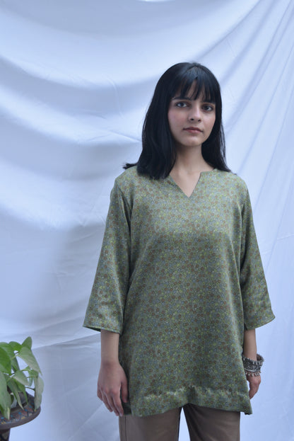 Printed Modal Silk Short Kurti - Green