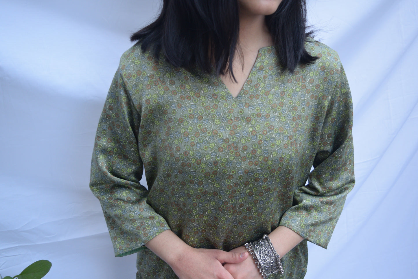 Printed Modal Silk Short Kurti - Green