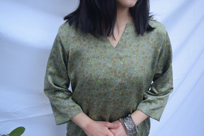 Printed Modal Silk Short Kurti - Green