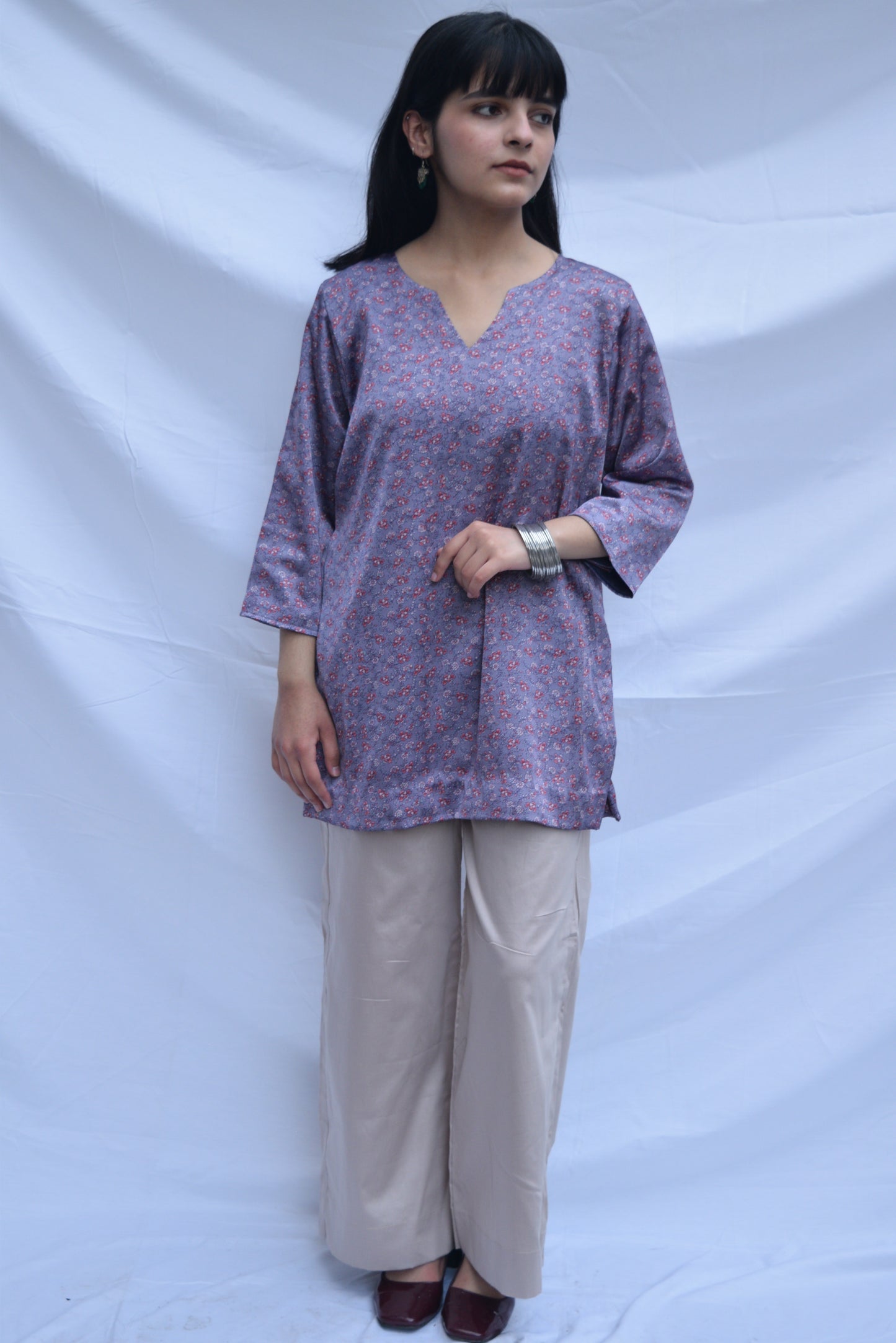 Printed Modal Silk Short Kurti - Lilac