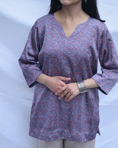 Printed Modal Silk Short Kurti - Lilac