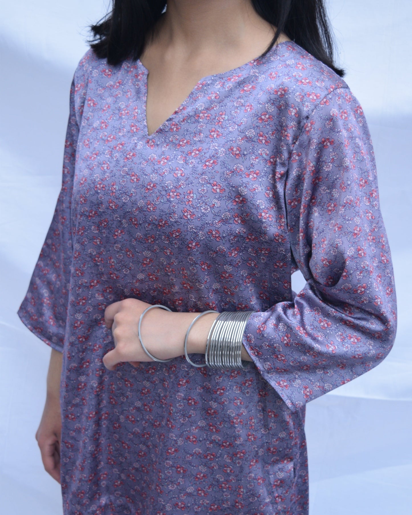 Printed Modal Silk Short Kurti - Lilac
