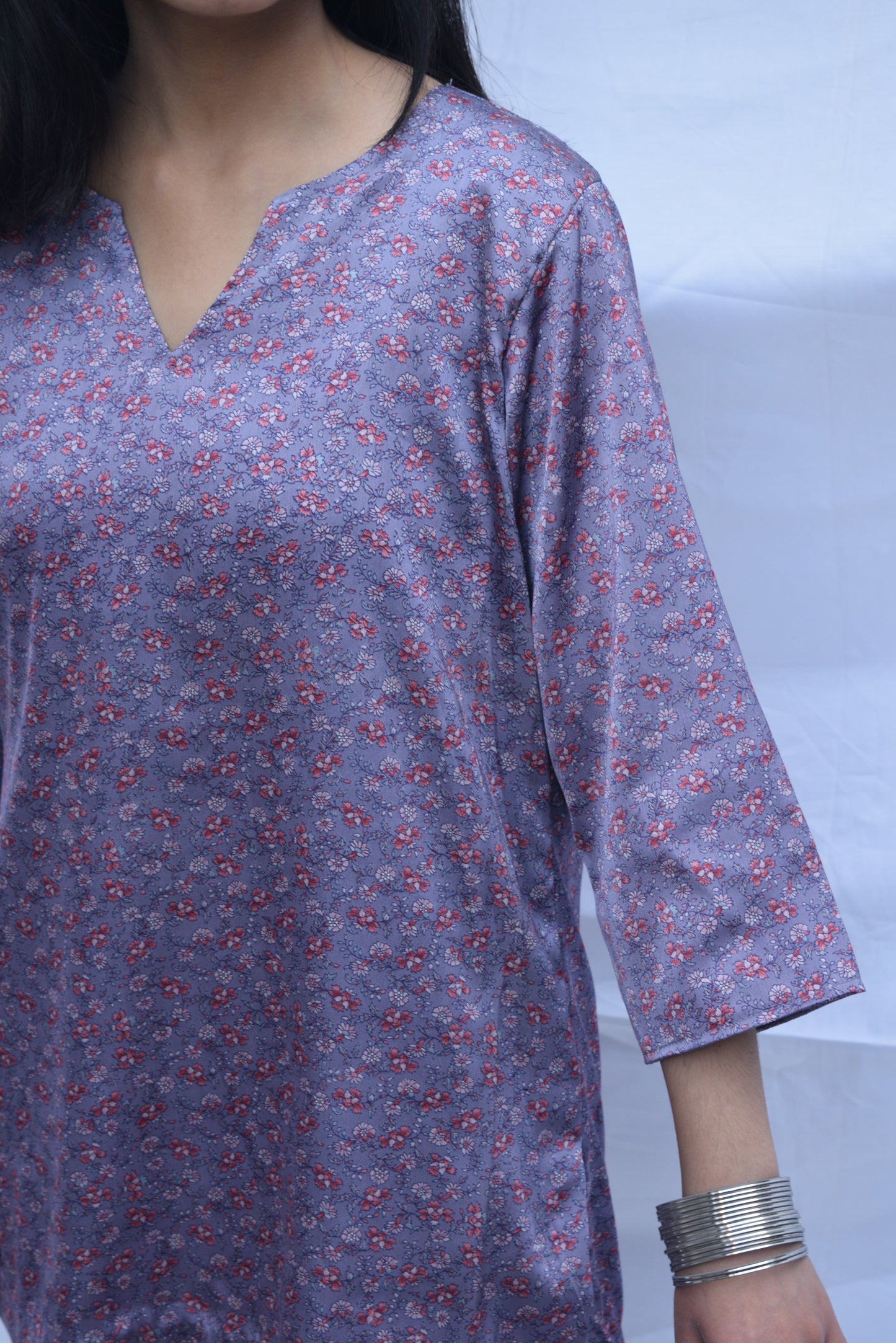 Printed Modal Silk Short Kurti - Lilac