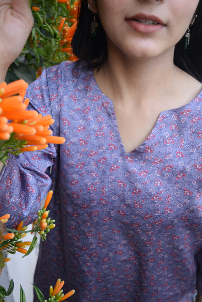Printed Modal Silk Short Kurti - Lilac