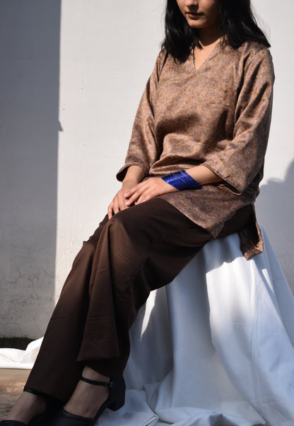 Printed Modal Silk Short Kurti - Brown