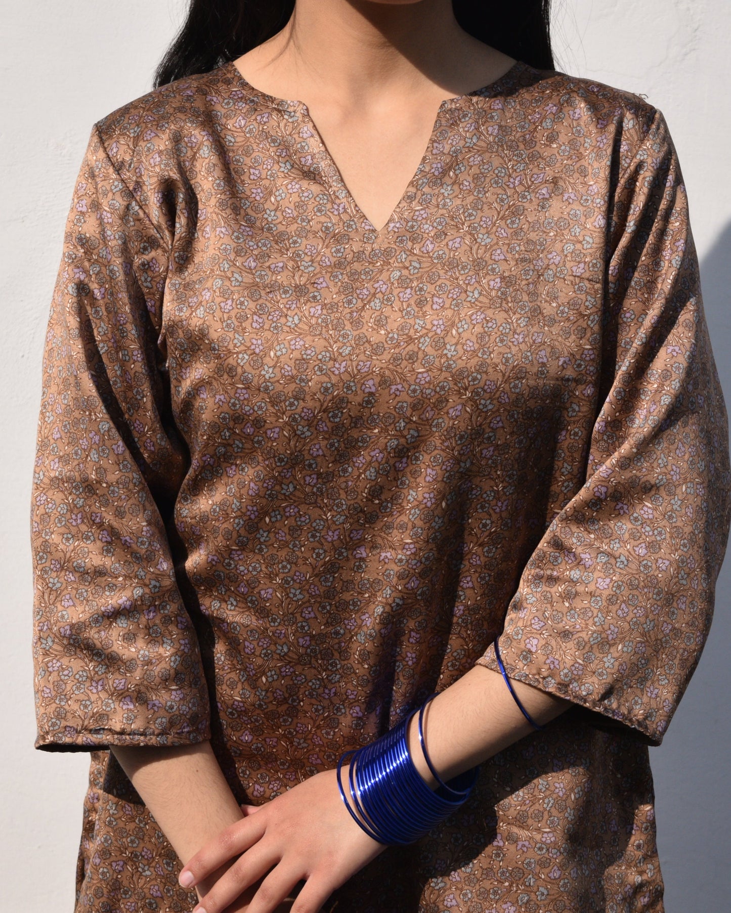 Printed Modal Silk Short Kurti - Brown