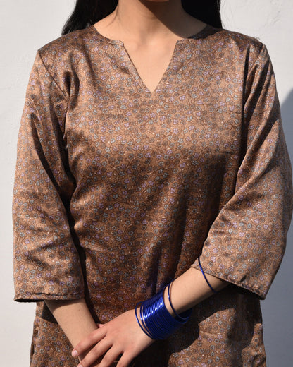 Printed Modal Silk Short Kurti - Brown